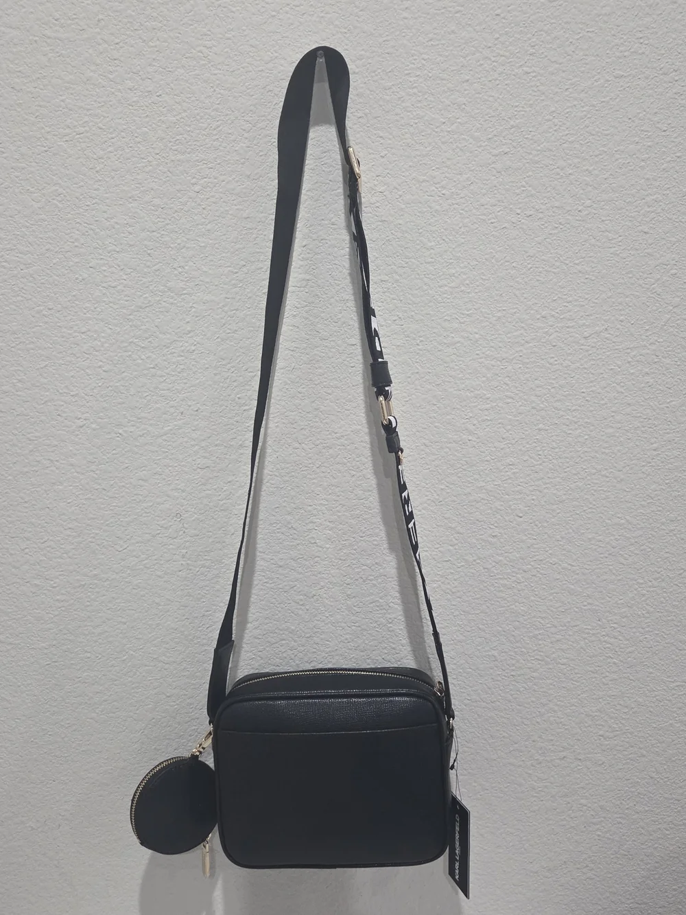 Karl Lagerfeld Black Crossbody Bag with Logo Strap Charm Pouch Pins NWT L6DEU6CJ